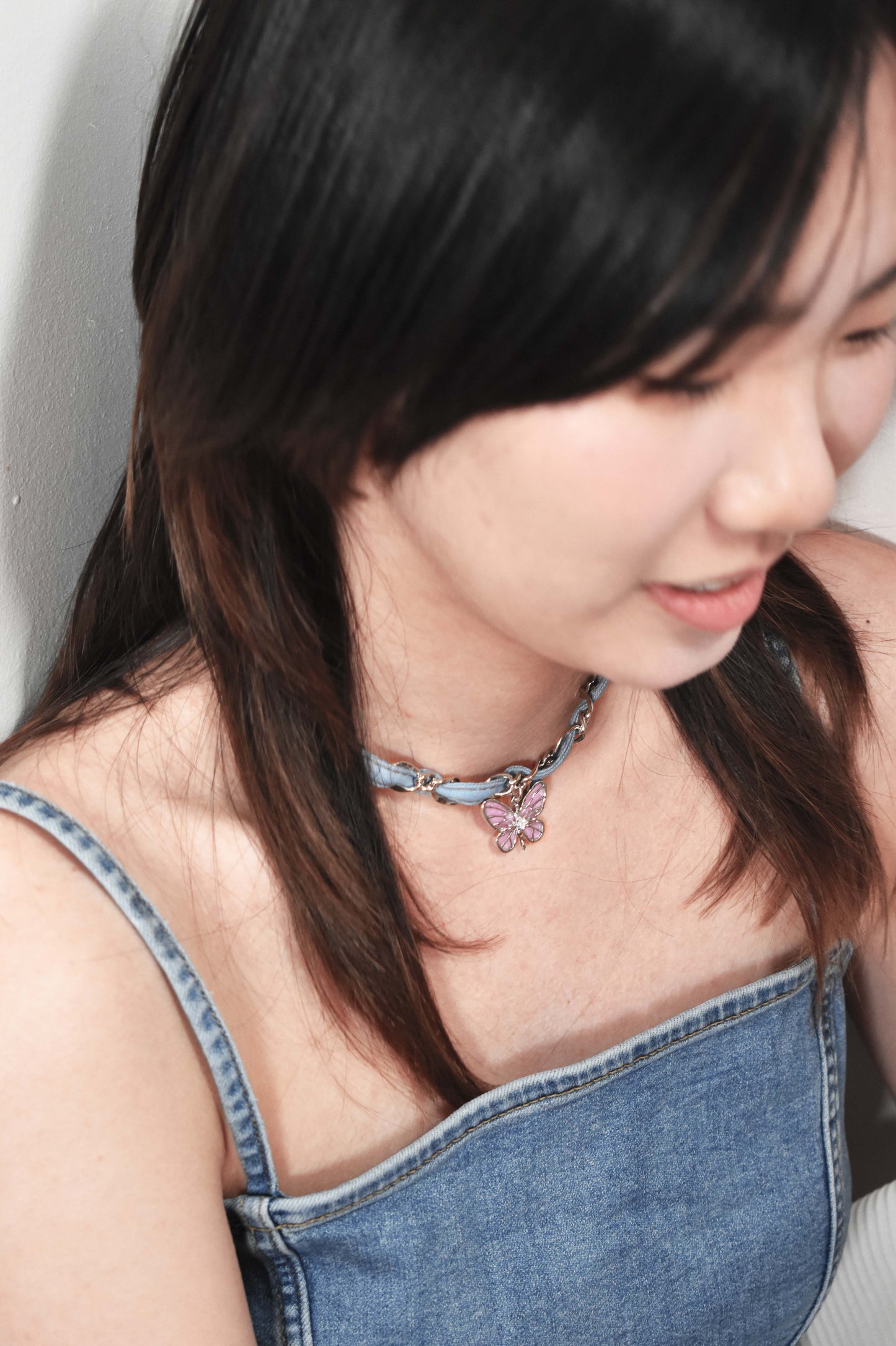 Denim Butterfly Braided Necklace