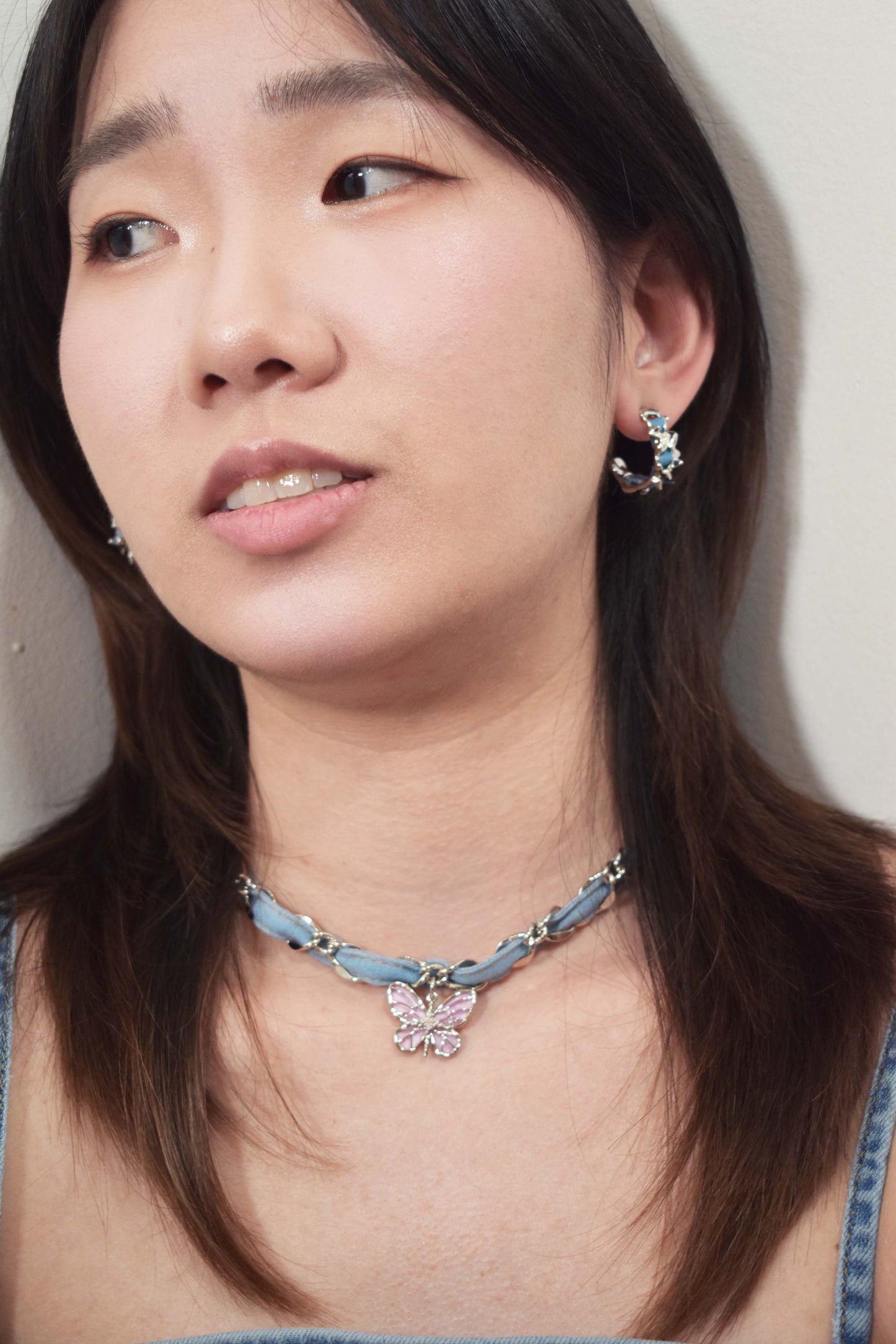 Denim Butterfly Braided Necklace