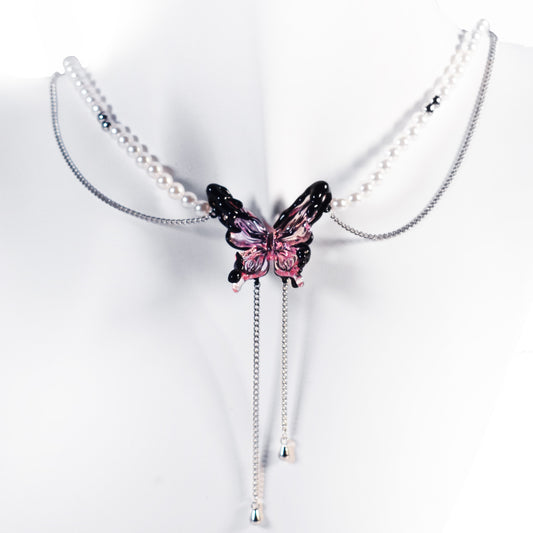 Dark Butterfly Pearl Tassel Necklace